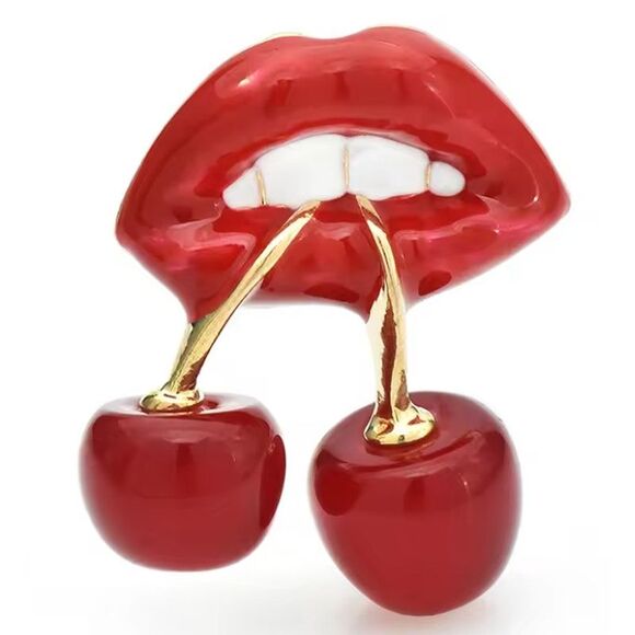 Red Lips and Cherries Brooch Enameled Mouth Opaque Fruit Smaller Collar Pin - Picture 1 of 4